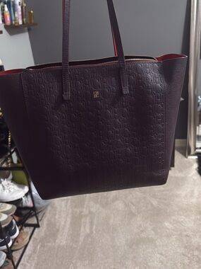 Carolina Herrera Embossed Tote in Deep Wine with Red Trim